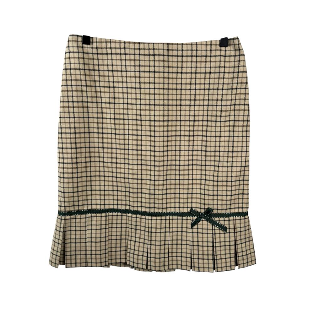 Tailor New York Tan Y2K Zipper Back Bow Accent Pleated Check Hem Skirt Size 4